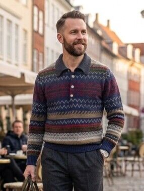 Pure Men's Collection XL Nordic Fair Isle Retro Grandpacore Polo Knit Sweater